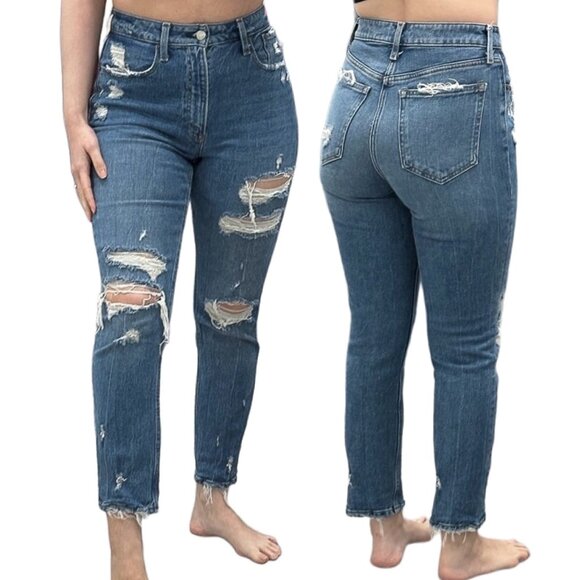 Abercrombie & Fitch High Rise Mom Jean Curve Love in Medium Wash Distressed - Picture 1 of 15
